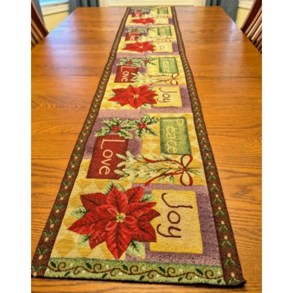Tapastry Christmas Table‎ Runner Pointsettia Joy Peace Love Holiday 16 